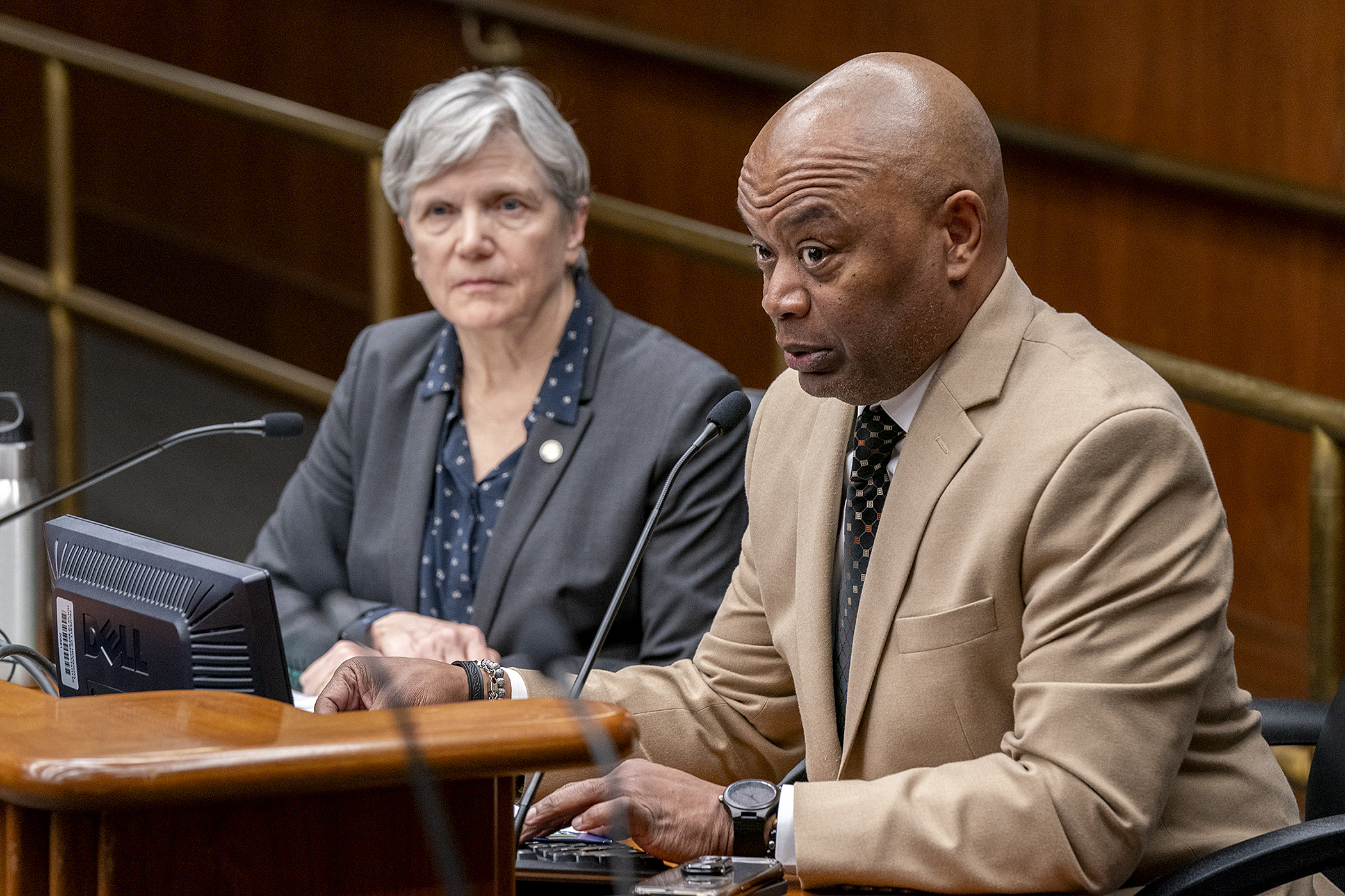 Education Commissioner Willie Jett testifies Wednesday before the House Education Committee regarding the governor’s education policy bill. Rep. Laurie Pryor, the committee chair, sponsors HF3782. (Photo by Michele Jokinen) 